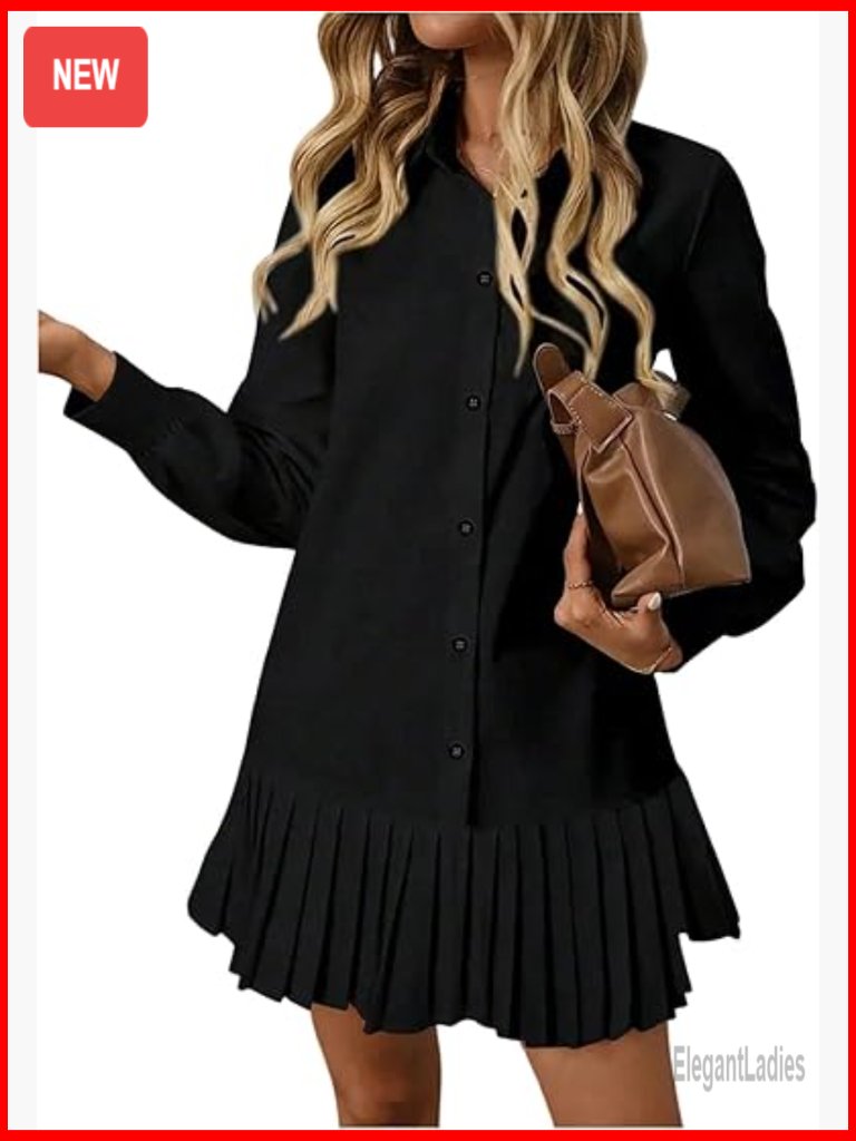 Button Down Shirt Dress Long Sleeve Pleated Swing Mini Dress Collared